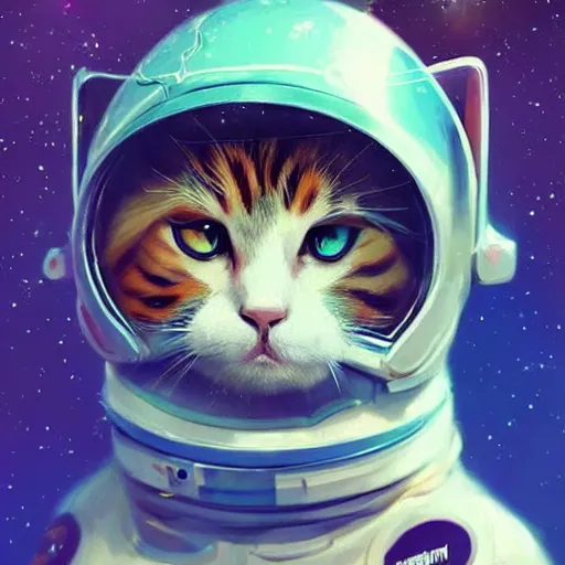 Image similar to head and shoulders masterpiece portrait of a cute adorable cat wearing a spacesuit, surreal background, digital art by krenz cushart, trending on artstation, cgsociety,