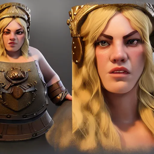 Image similar to a handsome corpulent viking girl with blond hair, clash royal style characters, unreal engine 5, octane render, detailed, cinematografic, cinema 4 d