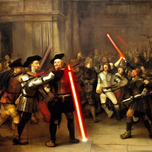 Prompt: edward longshanks wielding a lightsaber at the sacking of Rome, oil on canvas in the style of rembrandt