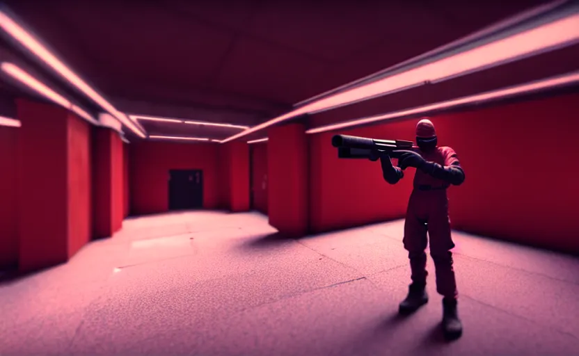 Image similar to in-game screenshot of a dark red hazmat scientist holding a gun walking on unreal engine 5, in a liminal underground garden, photorealistic, octane render, retrofuturism, brutalism, staggered terraces, minimalist, soft vintage glow