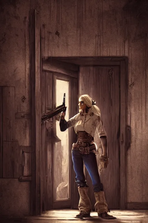 Image similar to an environmental concept art of a female gunslinger, back to camera, standing in the doorway of an open saloon door, old west town, highly detailed, cinematic, dramatic lighting, close shot by francis tneh