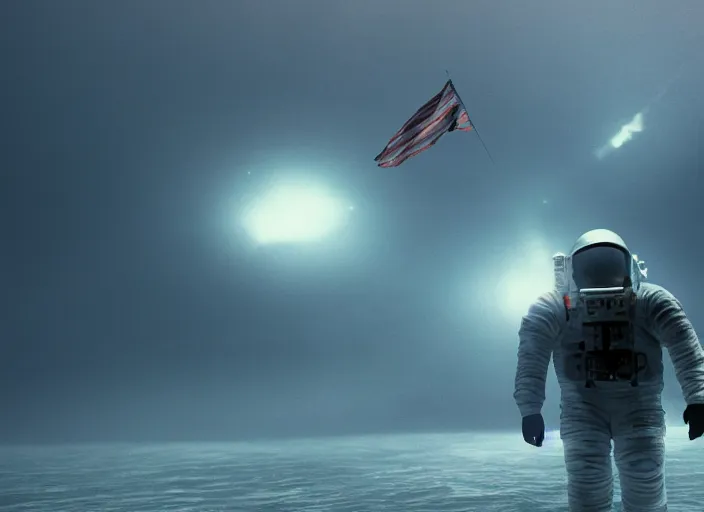 Image similar to astronaut holding a flag in an underwater desert. a submarine is visible in the distance. dark, concept art, cinematic, dramatic, atmospheric, 8 k, trending on artstation, blue, fish, low visibility, fog, ocean floor, christopher nolan, interstellar