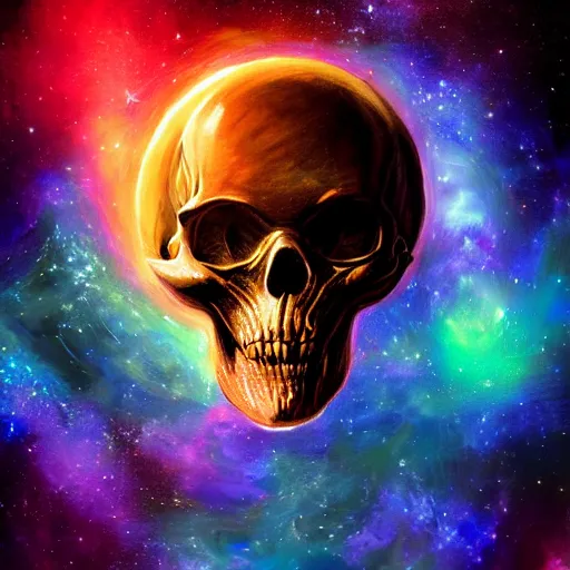Prompt: alien skull on space nebula background, acrilic paint, digital, artstation, detailed intricate ink illustration, heavenly atmosphere, digital art, overdetailed art, concept art, complementing colors, trending on artstation, cgstudio, the most beautiful image ever created, dramatic, subtle, details, award winning artwork, beautiful scenery