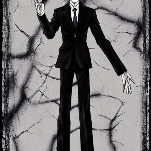 Image similar to Slenderman drawn by Kazuma Kaneko for the game Shin Megami Tensei IV