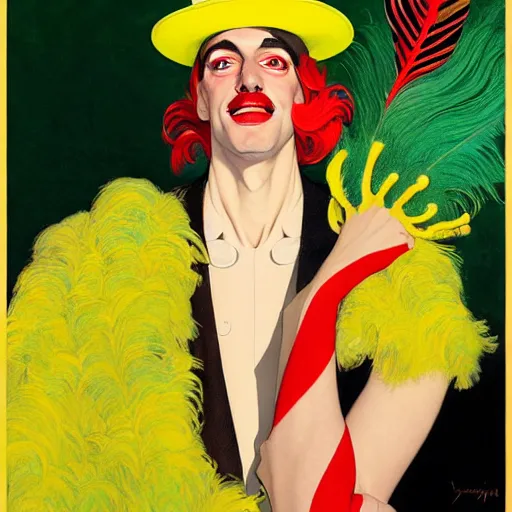 Image similar to art by joshua middleton, a medium shot portrait of the golden creeper, a tall manically smiling yellow - skinned man with green and black striped cycling shorts and wearing a long red and black striped ostrich feather boa, yellow makeup, mucha, kandinsky, poster, art deco motifs, comic art, stylised design, scarlet feather boa