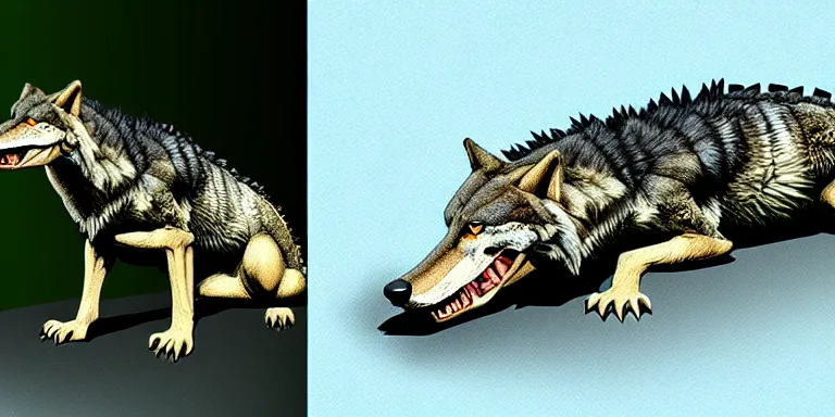 Image similar to chimera made of a wolf and a crocodile, photo of wolf, photo of crocodile, awarded on pixiv, photo realism, realistic wood swamp, professional photoshop artwork