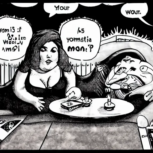 Image similar to your mama is so fat she has her own gravity, comic strip style, pen and ink