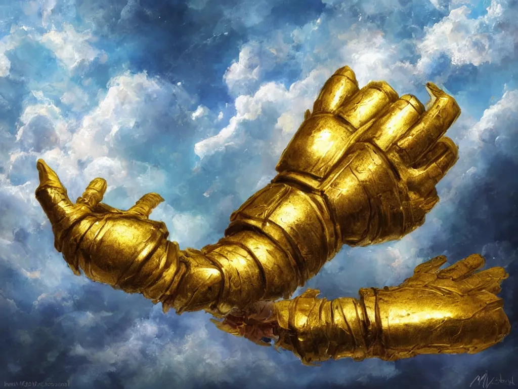 Prompt: a fantasy style painting of a human hand in worn golden armor, holding a few shining colorful pills, in the foreground against blue sky with cumulus clouds. Original artwork for a white spell in magic the gathering. Award winning, very detailed, dramatic lighting, white and gold color palette