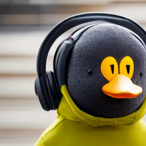 Prompt: an anthropomorphic duck wearing a hoodie and headphones giving a thumbs up