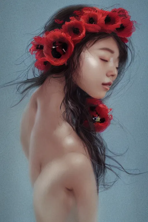 Prompt: Illustration of a beautiful asian girl with freckles, wearing a flower headpiece made of red poppies, long flowy hair, surrounded by big flowers, porcelain skin, cinematic lighting, photo realistic, cinematic lighting, bokeh, warm lights, highly detailed, maya, digital painting, artstation, concept art, sharp focus, illustration, by Mucha