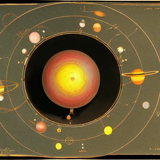 Image similar to a kinetic sculpture of this solar system, sun, orrery, canon 5 d 5 0 mm lens, papier - mache, studio, 1 9 2 8