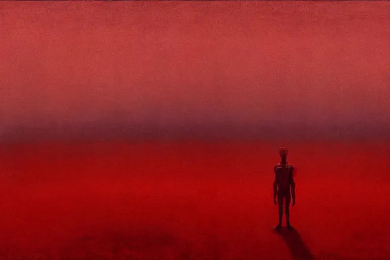 Image similar to only with red, red god of death eat apple, a futuristic city on mars in the background, floor is red worms, in the style of beksinski, part by hopper, part by rodcenko, part by hofbauer, intricate composition, red by caravaggio, insanely quality, highly detailed, masterpiece, red light, artstation, 8 k