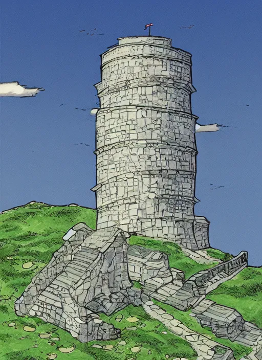 Prompt: a cartoon illustration of a tower on top of a hill, concept art by hiromu arakawa, featured on pixiv, plein air, concept art, pixiv, official art