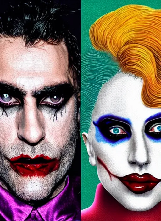 Prompt: lady gaga harley queen and joaquin phoenix joker by mimmo rottela