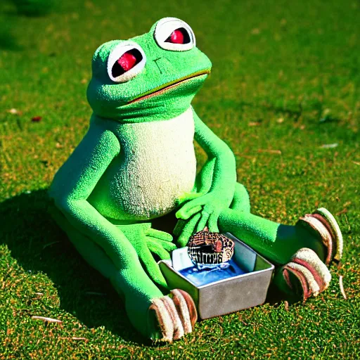 Prompt: Pepe the Frog. Pepe the Frog sitting on a picnic in the park. 35mm, focused, soft lights, International Photography Awards, photo by Steve Hanks, Pepe-art