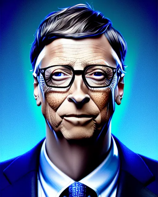 Image similar to symmetry portrait of blue color bill gates, glam, power, glowing lights intricate, elegant, highly detailed, digital painting, artstation, concept art, smooth, sharp focus, illustration, art by artgerm and greg rutkowski and fra angelico and unreal engine 5