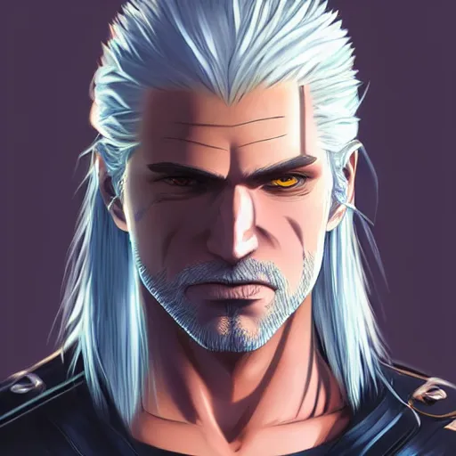 Image similar to well drawn animation portrait Anime geralt of rivia Sharp fine full body portrait , realistic shaded Perfect face, fine details. Anime. cyberpunk realistic shaded lighting by katsuhiro otomo ghost-in-the-shell, magali villeneuve, artgerm, rutkowski Jeremy Lipkin and Giuseppe Dangelico Pino and Michael Garmash and Rob Rey