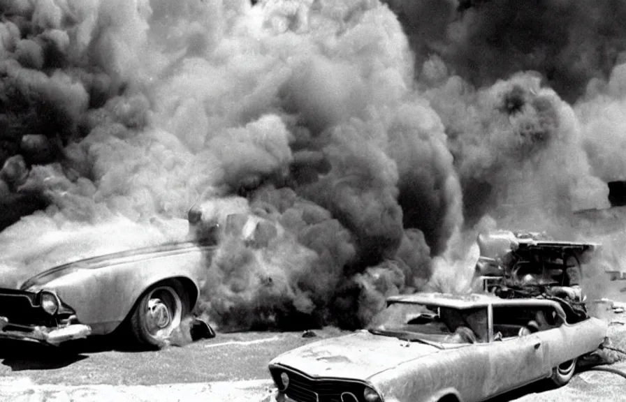 Image similar to exploding car, vintage movie still