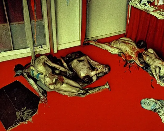 Prompt: overhead image of a dead couple in style of Francis Bacon and Egon Schiele and Willem de kooning, interior room with a pool of blood and stray dog barking, messy living room with beer cans on the floor. Art by Henry Clarke, Still from 1982 movie The Thing. Beksiński Masterpiece