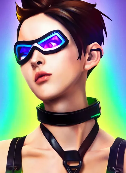 Image similar to overwatch style oil painting portrait of tracer overwatch, confident pose, wearing black iridescent rainbow latex, rainbow, neon, 4 k, expressive surprised expression, makeup, wearing black choker, wearing sleek armor, studio lighting, black leather harness, expressive detailed face and eyes,