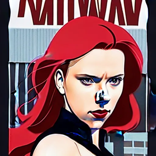 Image similar to phil noto comicbook cover art, pretty scarlett johansson black widow, symmetrical eyes, long red hair, full body, city rooftop