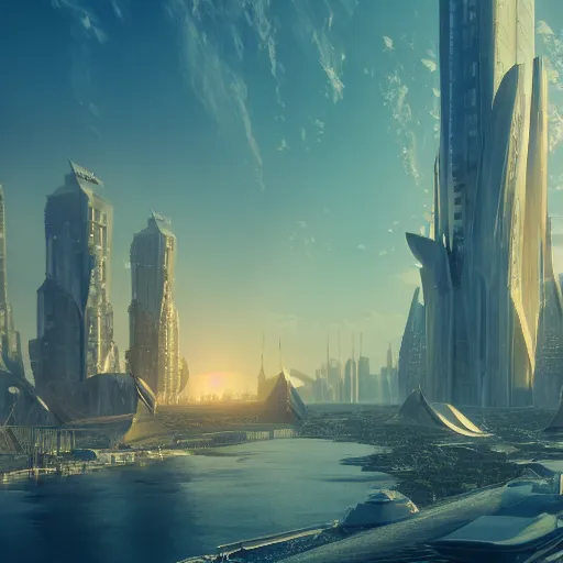 Image similar to a golden fantasy sci fi luxurious city with cerulean oceansides, scandinavian / norse influenced, cinematic, ray traced, octane render, cinematic lighting, ultrarealistic, featured on artstation, 8 k uhd artwork