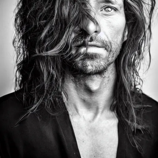 Prompt: full-face portrait of a typical person with waist-length incredible hair by Richard Avendon and Lee Jeffries male with halo, aquiline nose, XF IQ4, 150MP, 50mm, F1.4, ISO 200, 1/160s, natural light, Adobe Lightroom, photolab, Affinity Photo, PhotoDirector 365