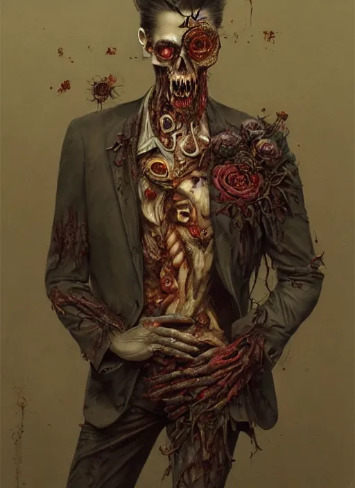 Image similar to a beautifully rendered portrait of an upright and fed up intricately hand - carved zombie wearing a floral embroidered blazer, by gerald brim and tom bagshaw and beksinski, trending on artstation, 8 k, full subject in frame, upright