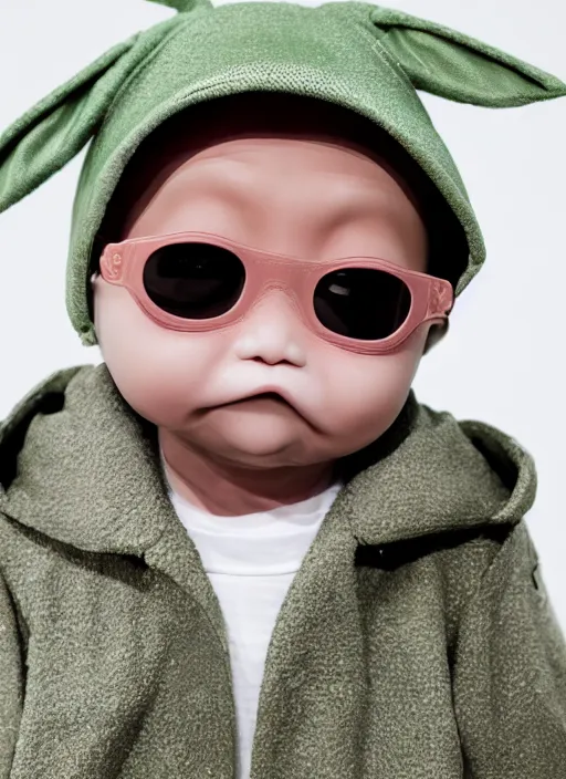 Image similar to hyperrealistic and heavy detailed balenciaga runway show of baby yoda, leica sl 2 5 0 mm, vivid color, high quality, high textured, real life, cute face