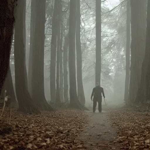 Image similar to A still image of Jason Voorhees in the woods foggy very detail 4K quality super realistic