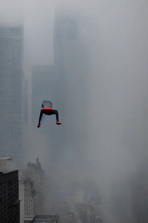 Image similar to a man jumping from a building in New York, dust explosion fog