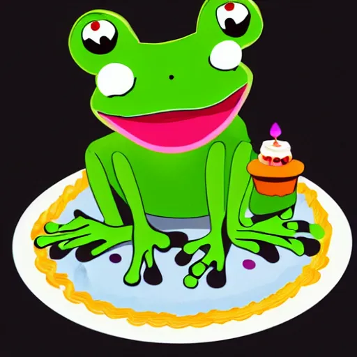 Image similar to a frog with a birthday cake, in the style of a cartoon