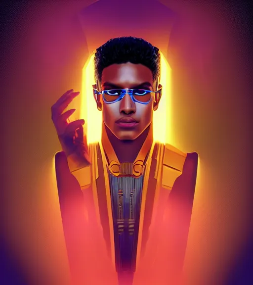 Image similar to symmetry!! egyptian prince of technology, solid cube of light, hard edges, product render retro - futuristic poster scifi, lasers and neon circuits, brown skin man egyptian prince, intricate, elegant, highly detailed, digital painting, artstation, concept art, smooth, sharp focus, illustration, dreamlike, art by artgerm