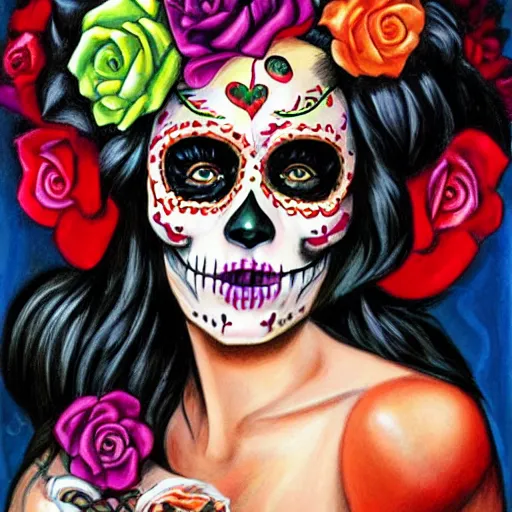 Image similar to illustration of a sugar skull day of the dead girl, art by julie bell