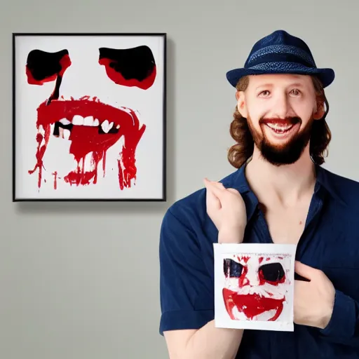 Image similar to Extremely pale human, flat preacher hat, unshaven, sly smile, Blood poster art