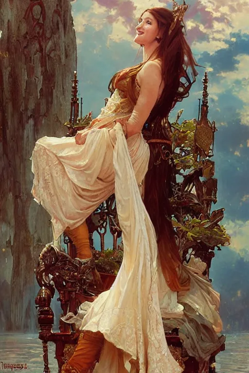 Image similar to young Jane Seymour sitting on a throne, fantasy, by Stanley Artgerm Lau, greg rutkowski, thomas kindkade, alphonse mucha, loish, norman Rockwell