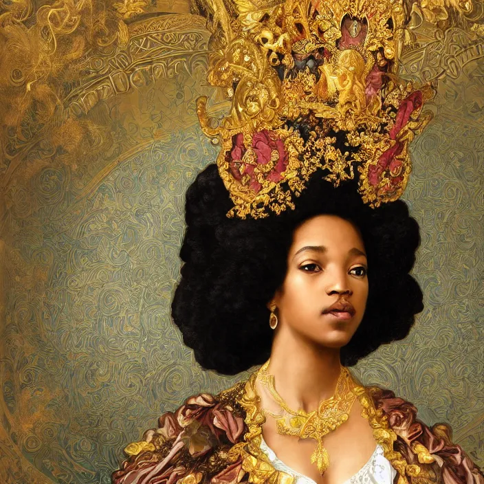 Image similar to highly detailed venetian rococo portrait of a black princess wearing a crown, golden jewels, pastel flowery background, volumetric lighting, flowers, realistic, symmetrical face, digital illustration, art by krenz cushart, alphonse mucha, kehinde wiley, artem demura