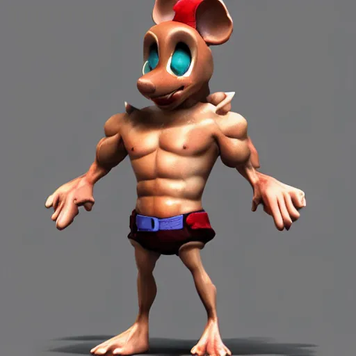 Prompt: a cute muscular rat wearing shorts, 3D render, Z-Brush sculpt, rayman style
