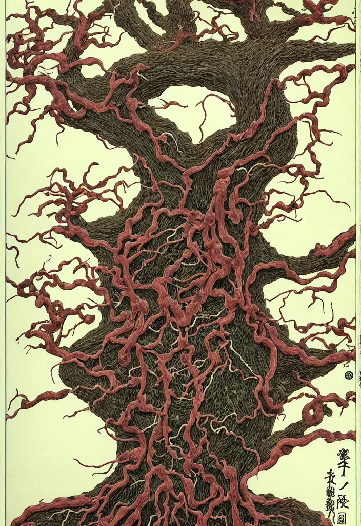 Image similar to prompt: anatomy dissection drawing veins and organs tree character drawn by Takato Yamamoto, bonsai anatomy atlas, veins and organs attached to tree roots, alchemical objects inspired by 1980's sci-ci, old experimentation cabinet, intricate oil painting detail, manga 1980