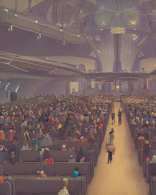 Prompt: moebius and ghibli digital matte art of a crowd in a futuristic church, priest, pews, ethereal, inviting, bright, unreal engine, hyper realism, realistic shading, cinematic composition, realistic render, octane render, detailed textures, photorealistic, wide shot