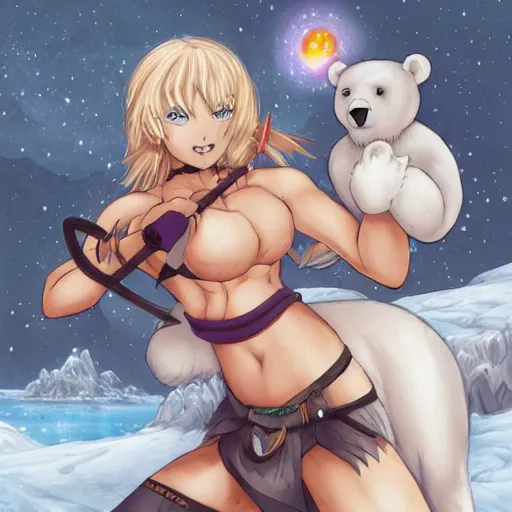Image similar to bicolor - eyed blonde muscular anime girl warrior in bikini riding a polar bear in the snowy mountains background, epic fantasy digital painting, illustration by james jean and artgerm and mina petrovic and timothy kong and marina federovna, artstation