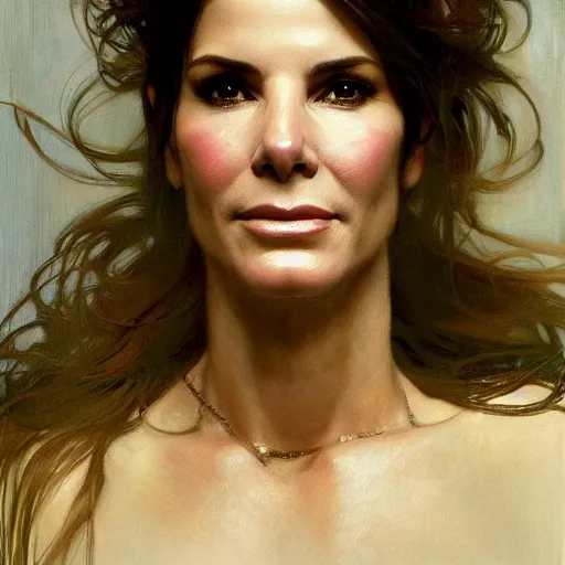 Image similar to hyperrealist portrait of sandra bullock as lady godiva. by jeremy mann and alphonse mucha, fantasy art, photo realistic, dynamic lighting, artstation, poster, volumetric lighting, very detailed faces, 4 k, award winning