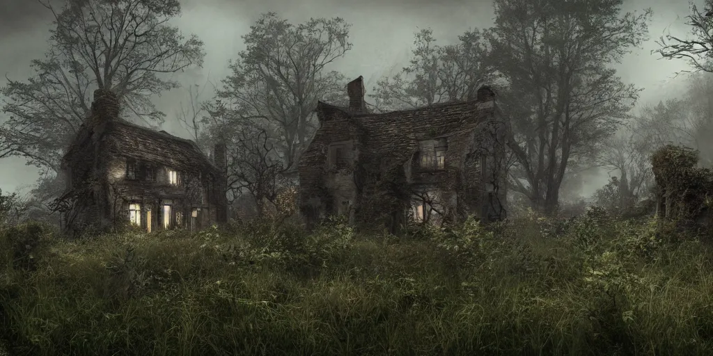 Image similar to photorealistic, ruined english cottage, overgrown vegetation, apocalypse, night, fog, shadowy creatures lurking, hyperrealistic, grimdark, artstation