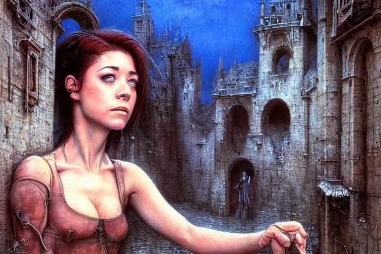 Image similar to cute young alyson hannigan with short hairs in medieval city by luis royo and wayne barlowe, beksinski