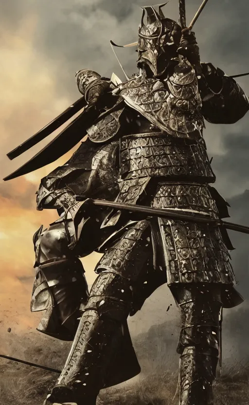 Image similar to yari ashigaru, trading card front, samurai clothing, japanese anciet battle armors, realistic anatomy, war photo, professional, by ufotable anime studio, green screen, volumetric lights, stunning, castle in the background, metal hard surfaces, generate realistic face, dirt and smoke