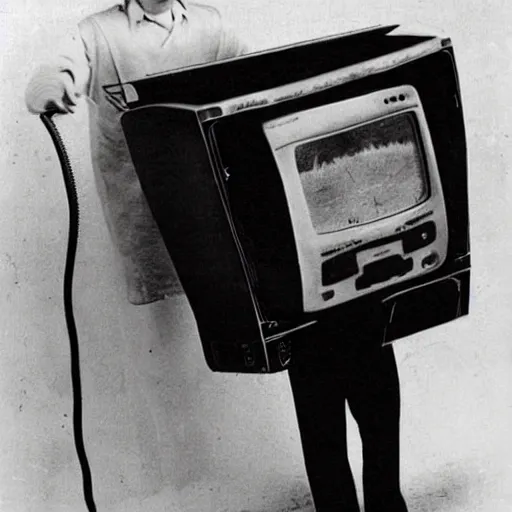 Image similar to “a janitor with an old box tv for a head. The tv is playing static.”