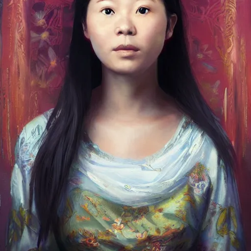 Image similar to portrait of a pancah woman ( 3 5 ) from taiwan in 2 0 2 1, an oil painting by ross tran and thomas kincade