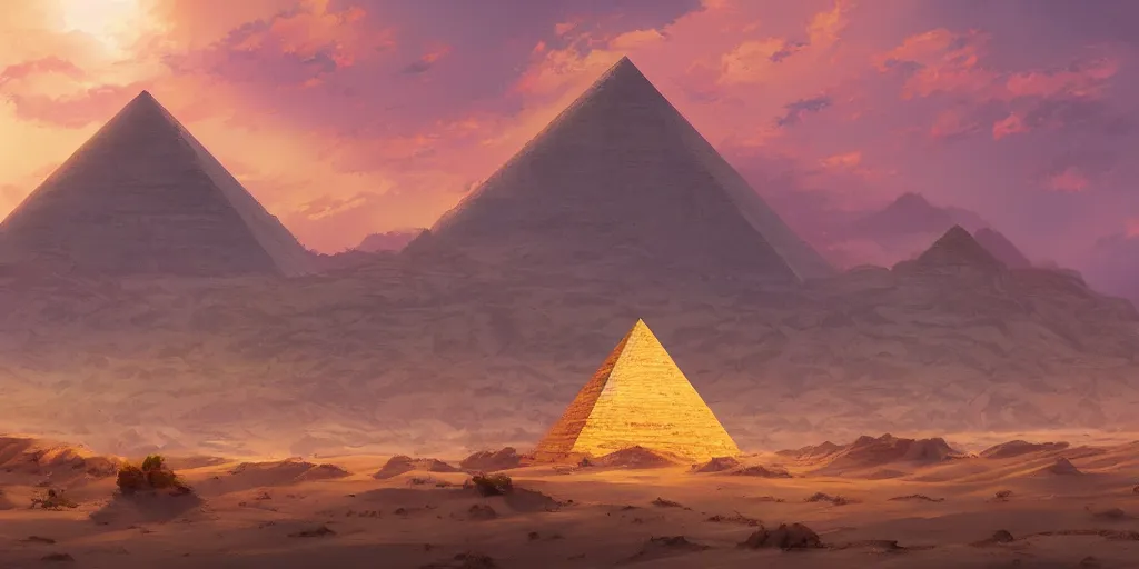 Image similar to a stunning desert landscape with a pyramid by makoto shinkai