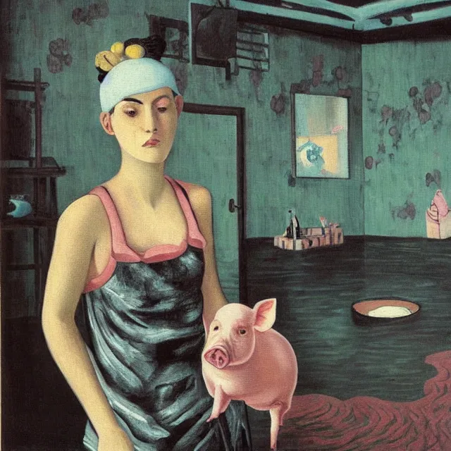 Image similar to tall female emo artist holding a pig in her flooded bathroom, water gushing from ceiling, painting of flood waters inside an artist's bathroom, a river flooding indoors, pomegranates, pigs, ikebana, zen, water, octopus, river, rapids, waterfall, black swans, canoe, berries, acrylic on canvas, surrealist, by magritte and monet