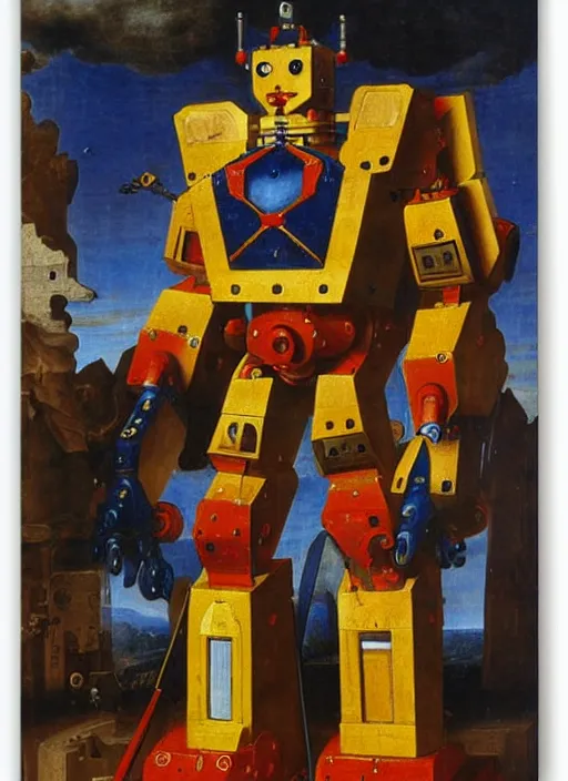 Prompt: mecha warrior robot by Jan van Eyck